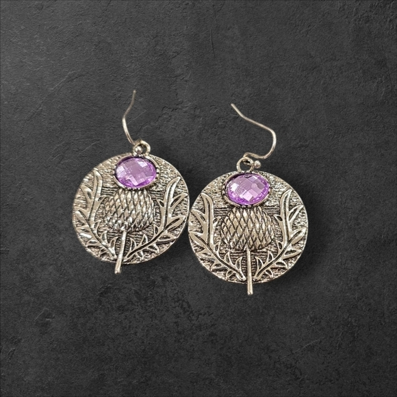Silver and Purple Thistle Medallion Earrings - Picture 1 of 2
